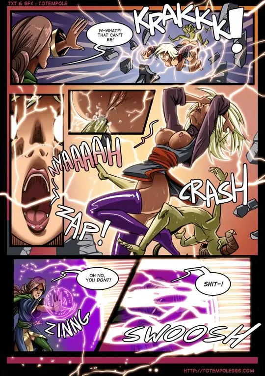 Totempole comic featuring a busty blonde witch, a muscular knight, and green demons in a fantasy setting.