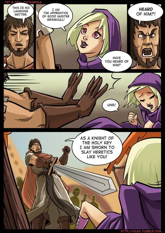 Totempole comic featuring a busty blonde witch, a muscular knight, and green demons in a fantasy setting.