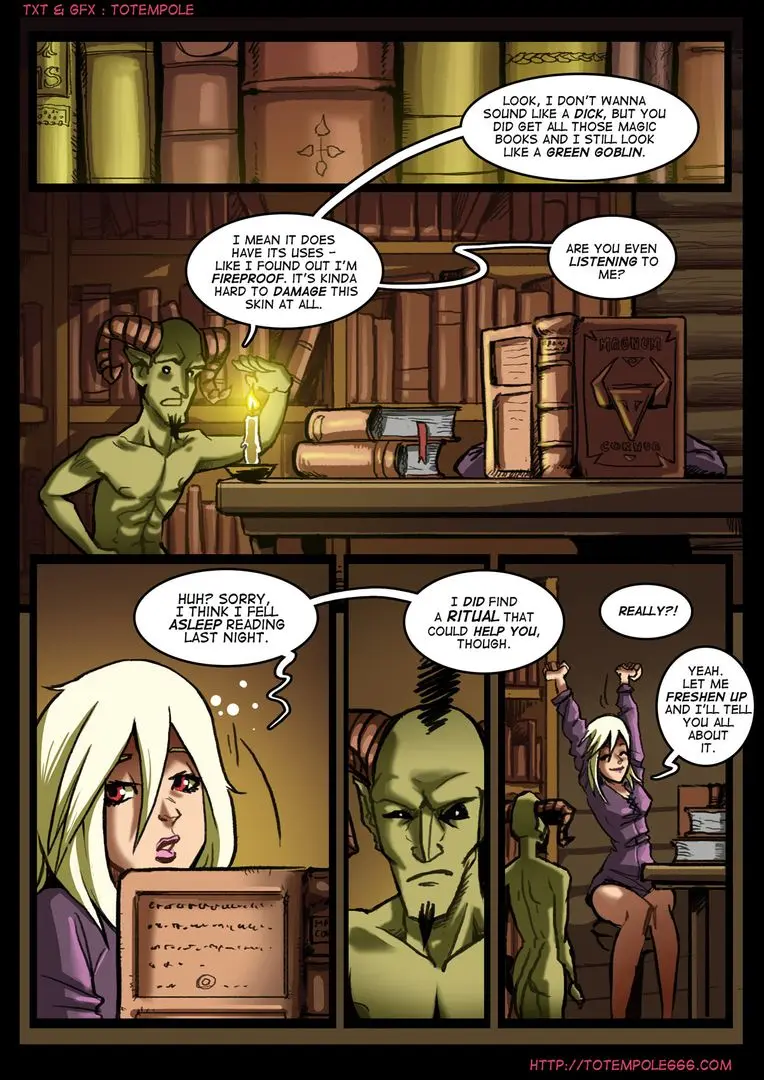Totempole comic featuring a busty blonde witch, a muscular knight, and green demons in a fantasy setting.
