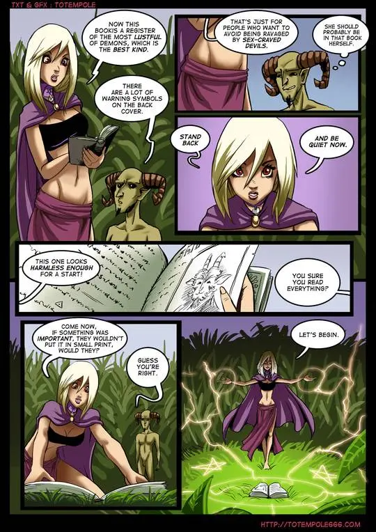 Totempole comic featuring a busty blonde witch, a muscular knight, and green demons in a fantasy setting.