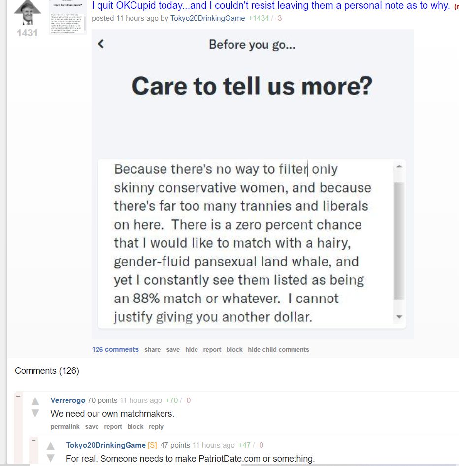 The Donald user explains why he is leaving OkCupid