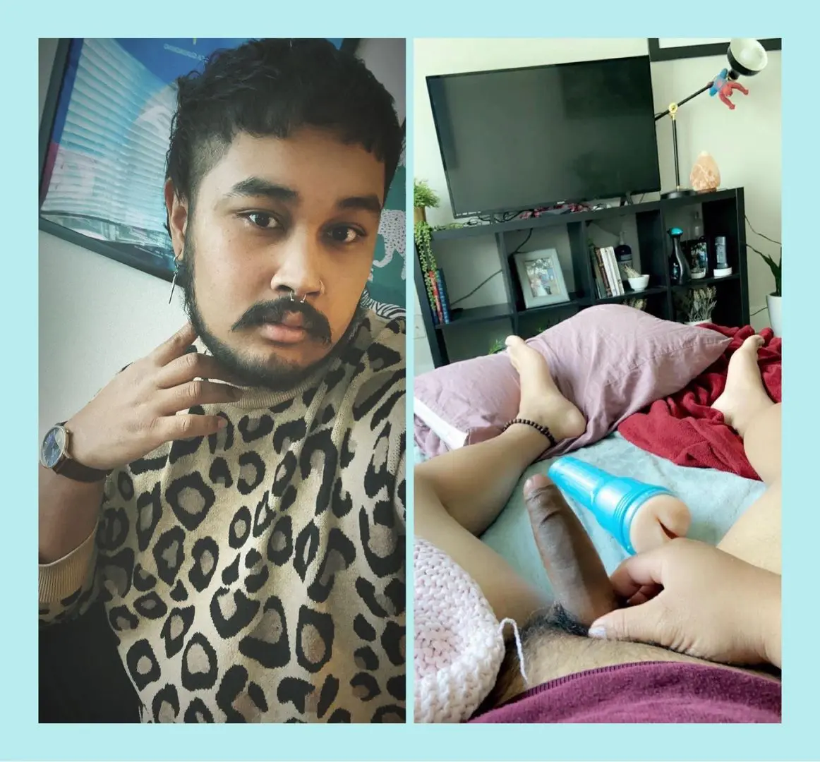 Indian man with a nose ring in a leopard print shirt and a pelfie of his uncut penis.
