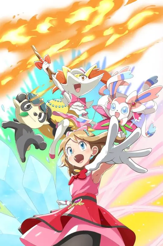 PokeGals anime fan art of a blonde girl in a pink and red dress with a red bow and three cute pokemon