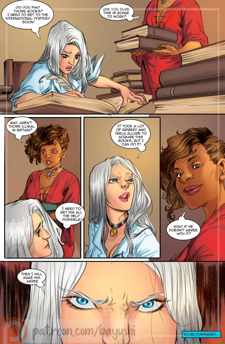 Harry Potter fan art by bayushix featuring group sex, blowjobs, and fingering with blonde and ebony women.