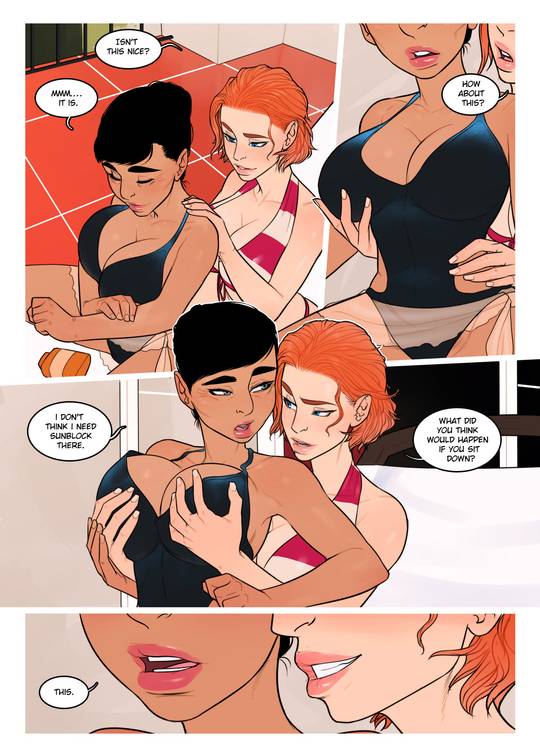Futanari comic featuring Rosa in a red bikini and a partner in a black bodysuit on a balcony.