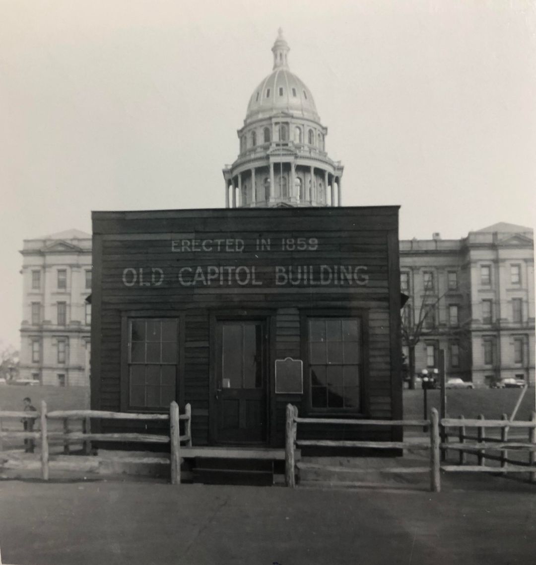 The old Colorado state capitol building in front of the “new” capitol building.