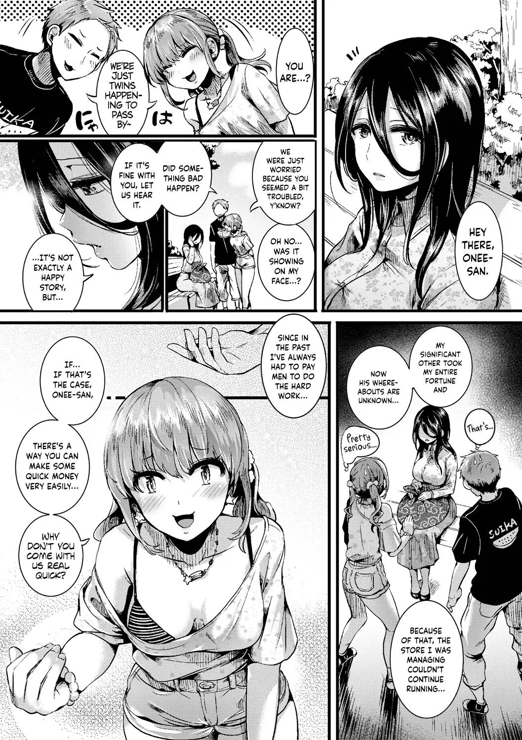 Doujinshi of the Suou siblings engaging in a strip game with busty women, featuring handjobs and fellatio.