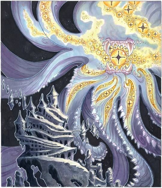 The Thousand Eyed God had been banned to the heavens three eternities ago. It is thanks to this eternal creature that wishes for nothing, only hungers and hunts, that our reality is stable. We call it “The Observer Effect”.