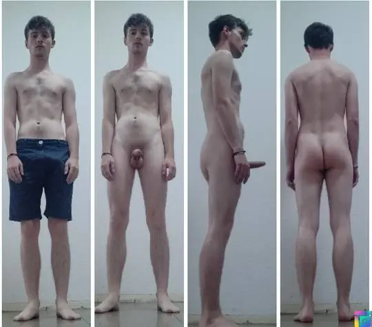Slim white man with fair skin posing nude and in blue shorts against a white wall