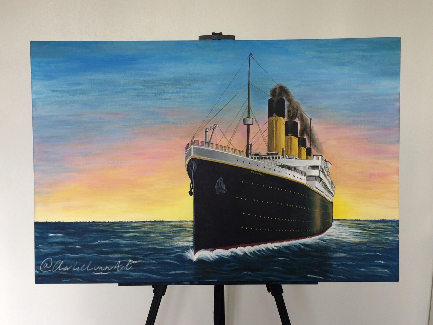 Titanic at sunset painting I did in 2017 to commemorate the 105th anniversary, my first attempt at painting the ship