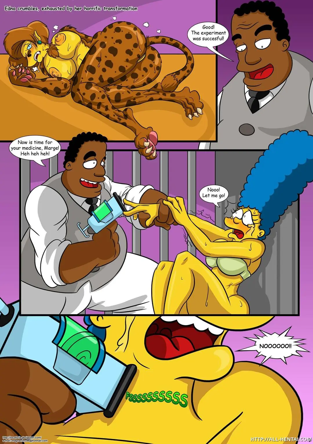 The Simpsons fan art featuring anthropomorphic transformation, breast expansion, and bondage in a laboratory.