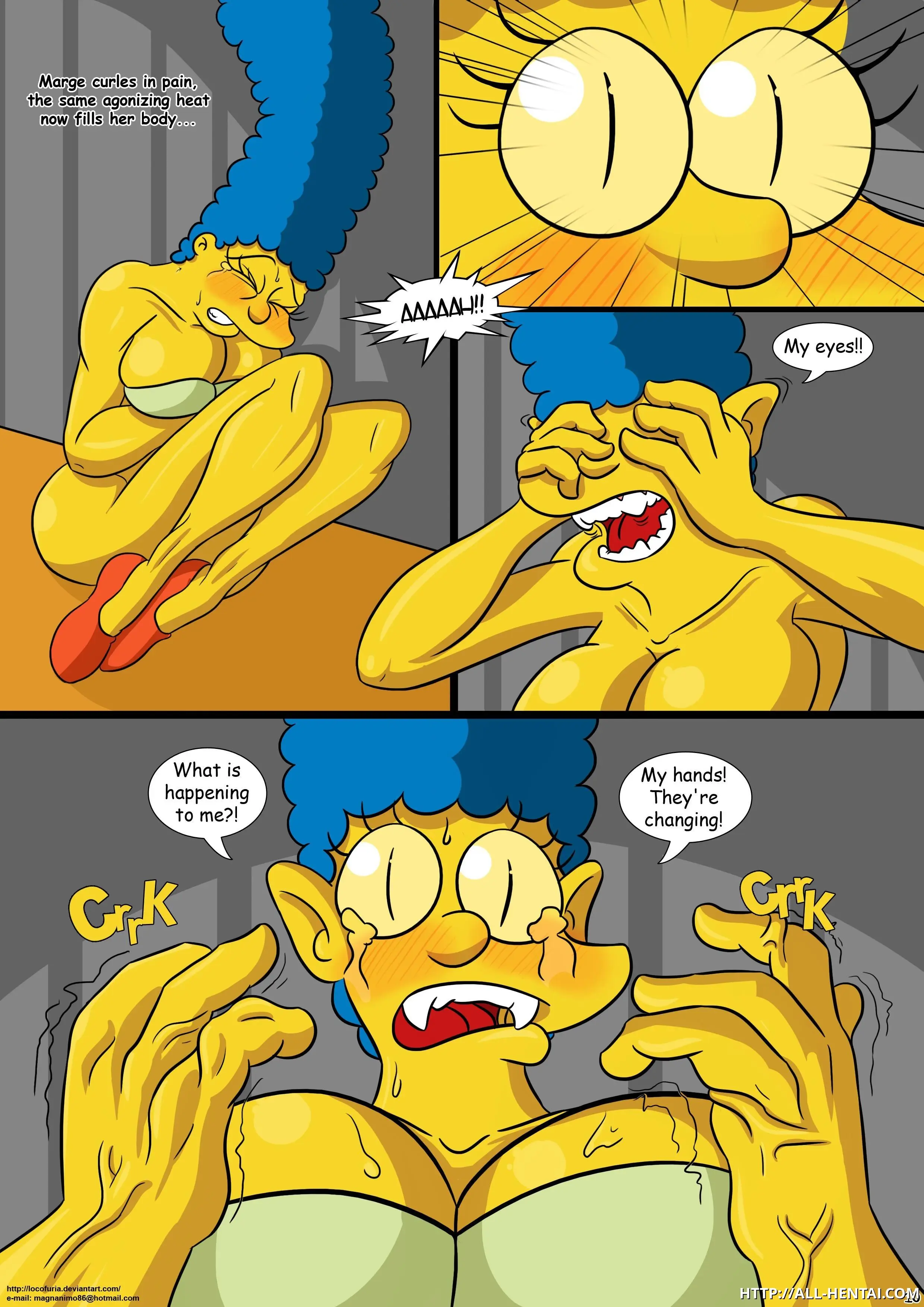 The Simpsons fan art featuring anthropomorphic transformation, breast expansion, and bondage in a laboratory.