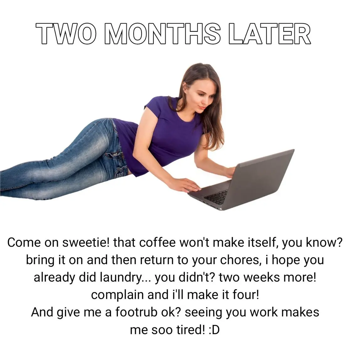 Femdom chastity captions showing a woman using a chastity cage to make her husband do all the housework.