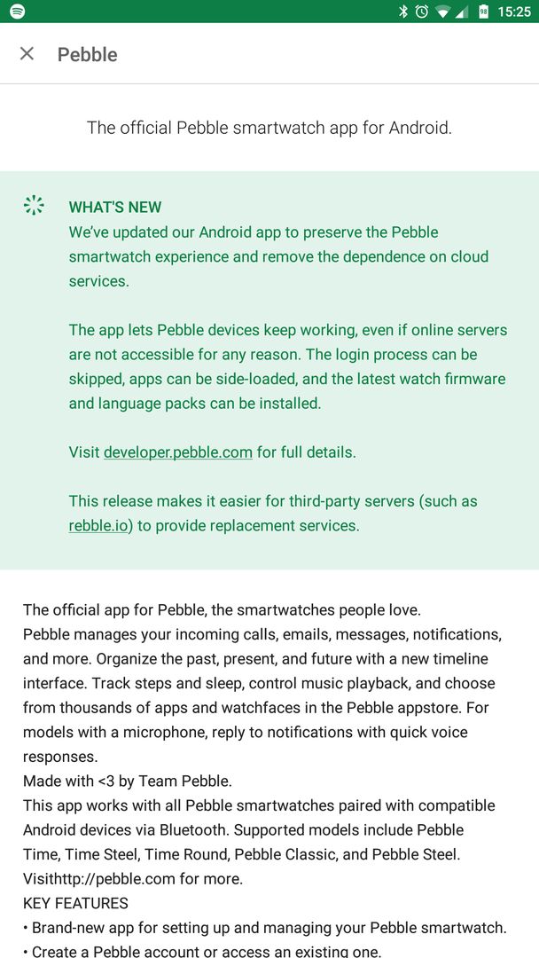 Update to the Pebble Android app