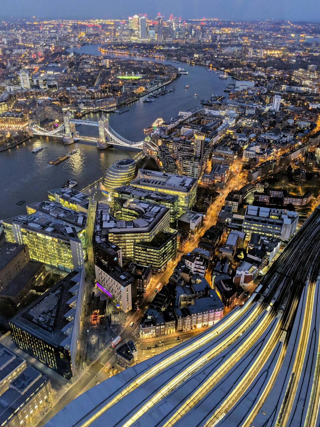 View from The Shard of London Bridge station, City Hall, Tower Bridge and Canary Wharf etc.