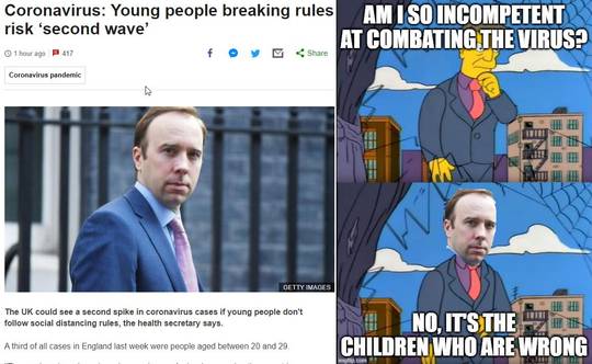Blame the young after you told them it was OK to go back to their lives - that'll fix everything.