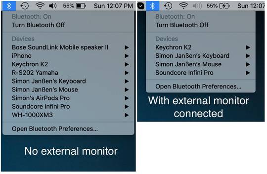 When I connect my external monitor, my MacBook Pro forgets some bluetooth devices (OSX 10.15.5)