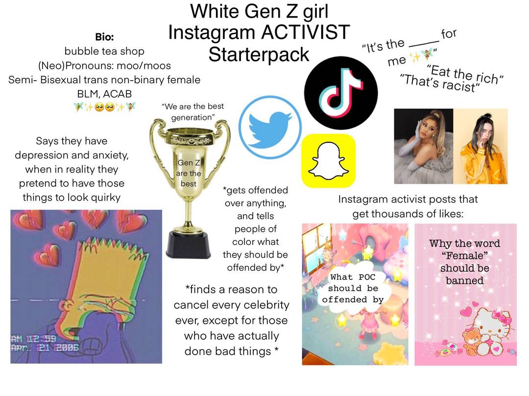 White Gen Z girl Instagram activist starter pack (made by a Gen Z)