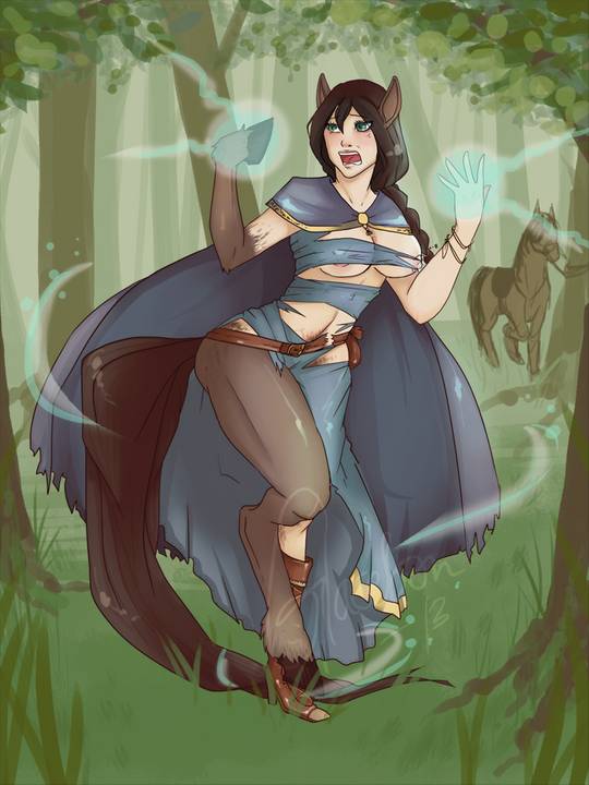 Woman to horse transformation by glacebon, brunette in blue dress becoming a centaur and horse in a forest