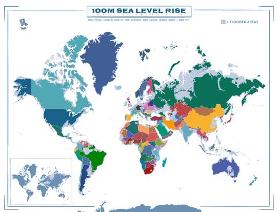 World Map if the sea level would somehow rise by 100m / 328ft