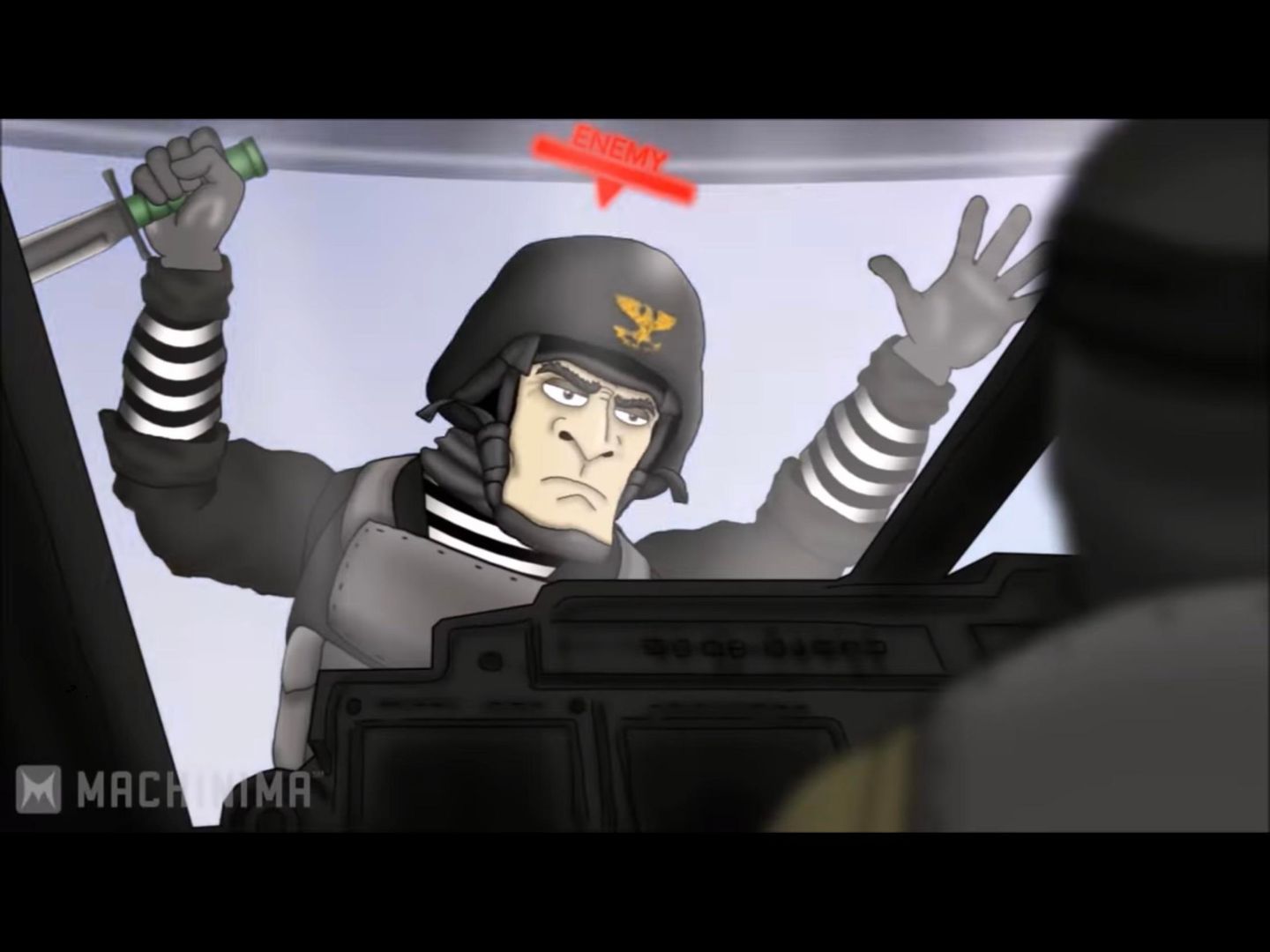 WP: An alien squad has been flying over a human camp, dropping bombs and laugh at how they are unstoppable. Until the pilot hears a thud and sees a human on the nose his vehicle with a combat knife.