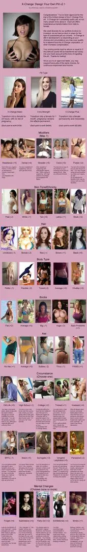 X-Change gender swap pill character creation menu with various white, black, and latina women of different body types
