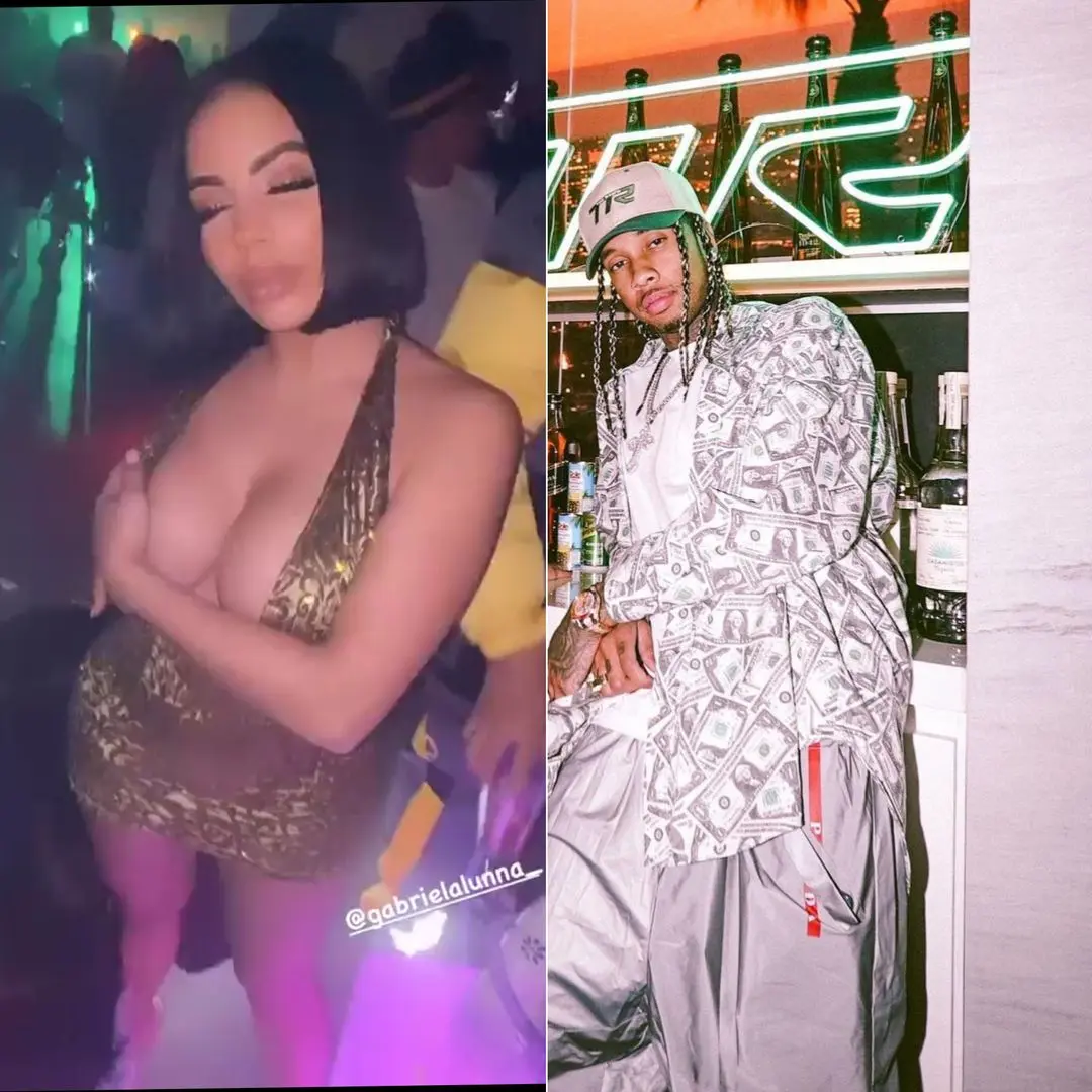 Amanda Trivizas in a gold sequined mini dress and a man in a money-patterned shirt at a club.