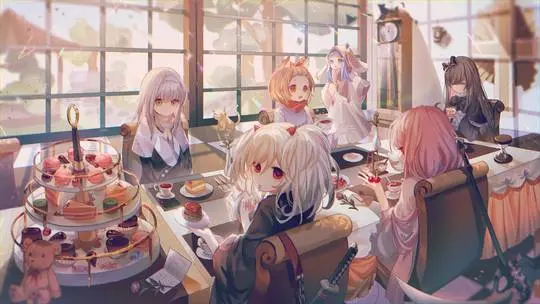 Yo-kai tea party with six anime girls in dresses and uniforms with cakes, a cat, and a teddy bear