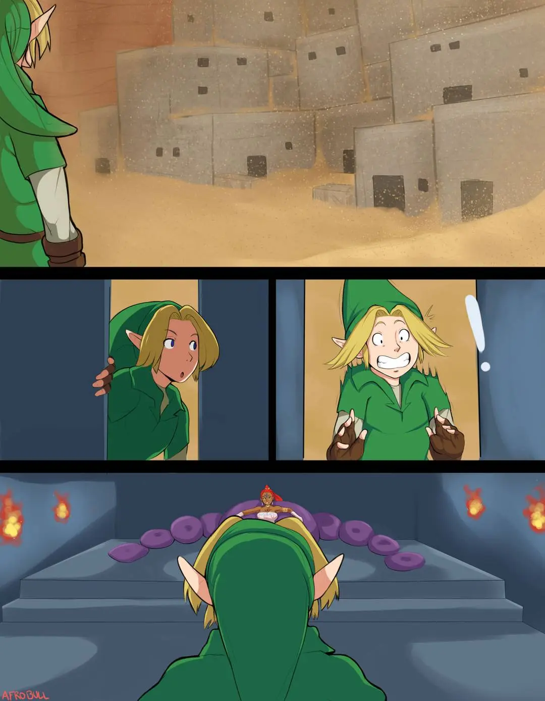 Link and a busty redhead Gerudo Queen in an interracial bwc impregnation doujinshi.