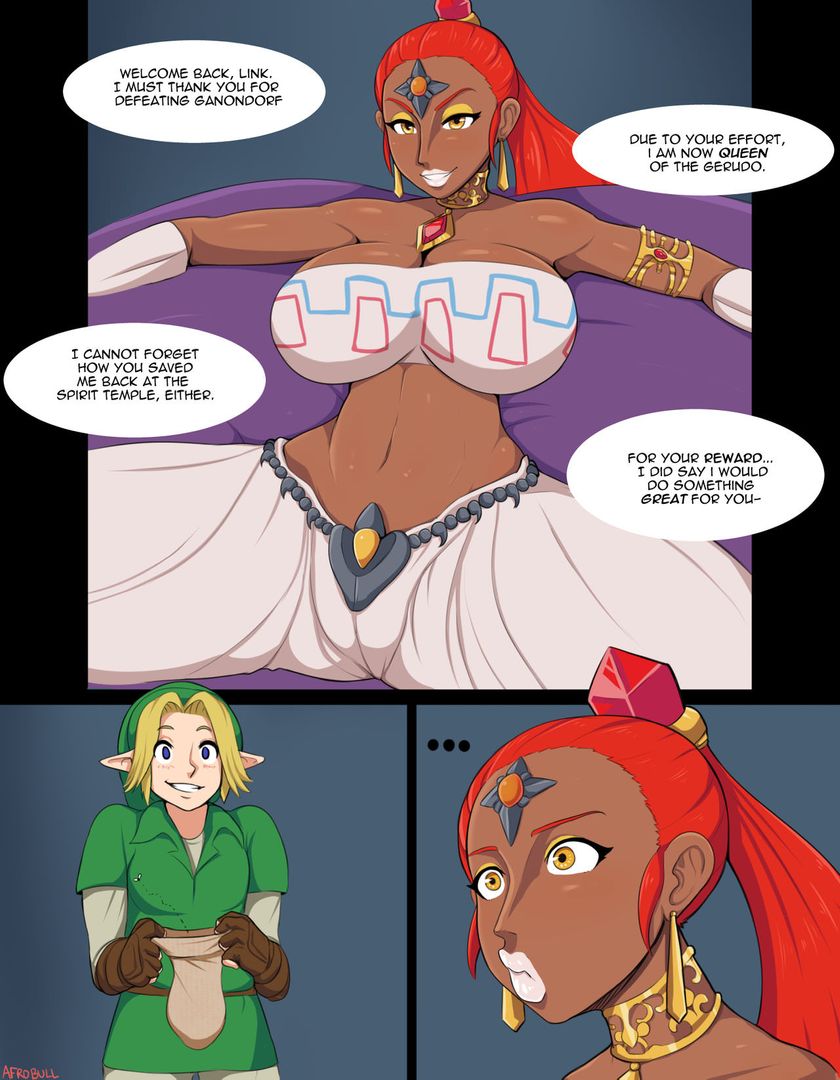 Link and a busty redhead Gerudo Queen in an interracial bwc impregnation doujinshi.