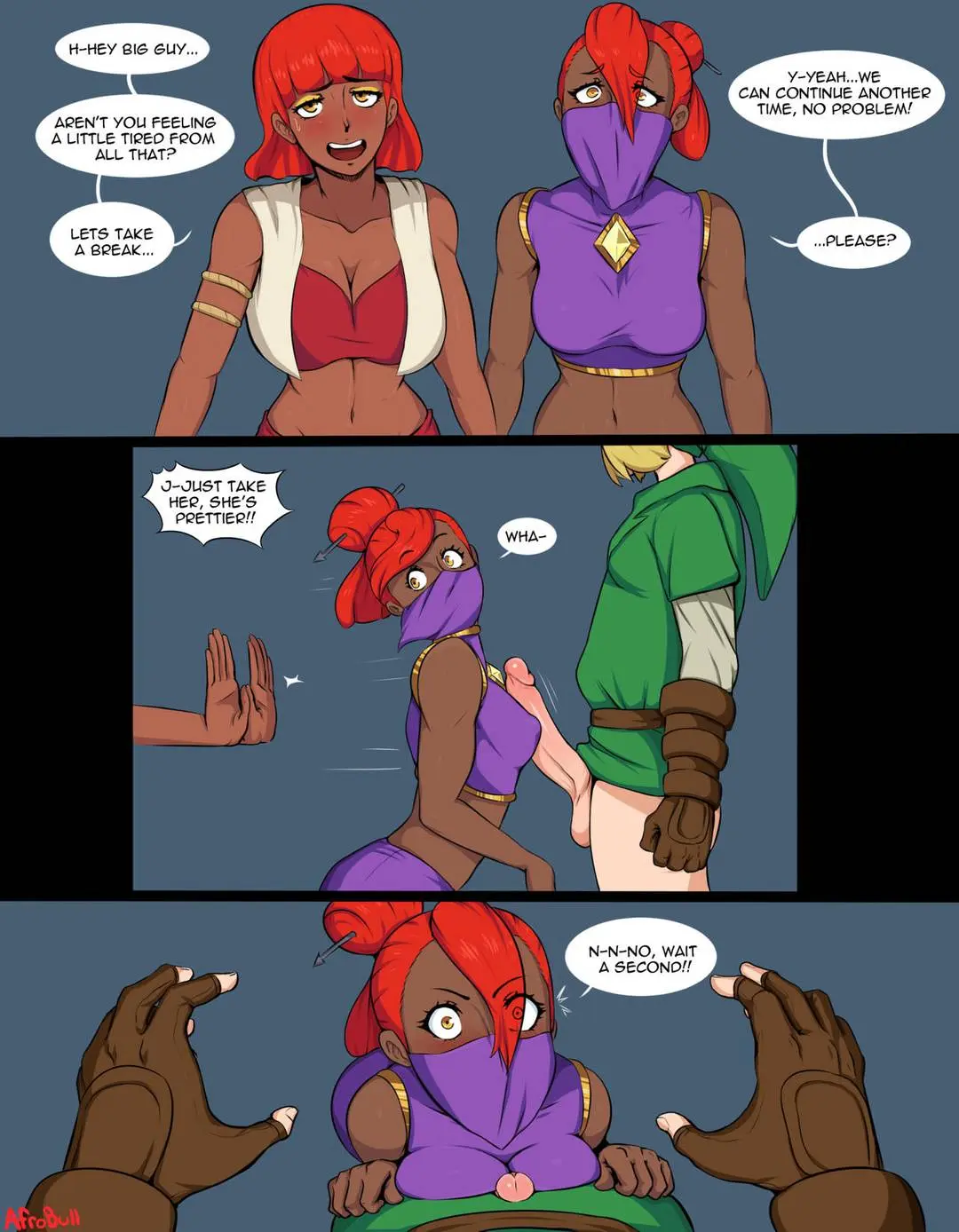 Link and a busty redhead Gerudo Queen in an interracial bwc impregnation doujinshi.