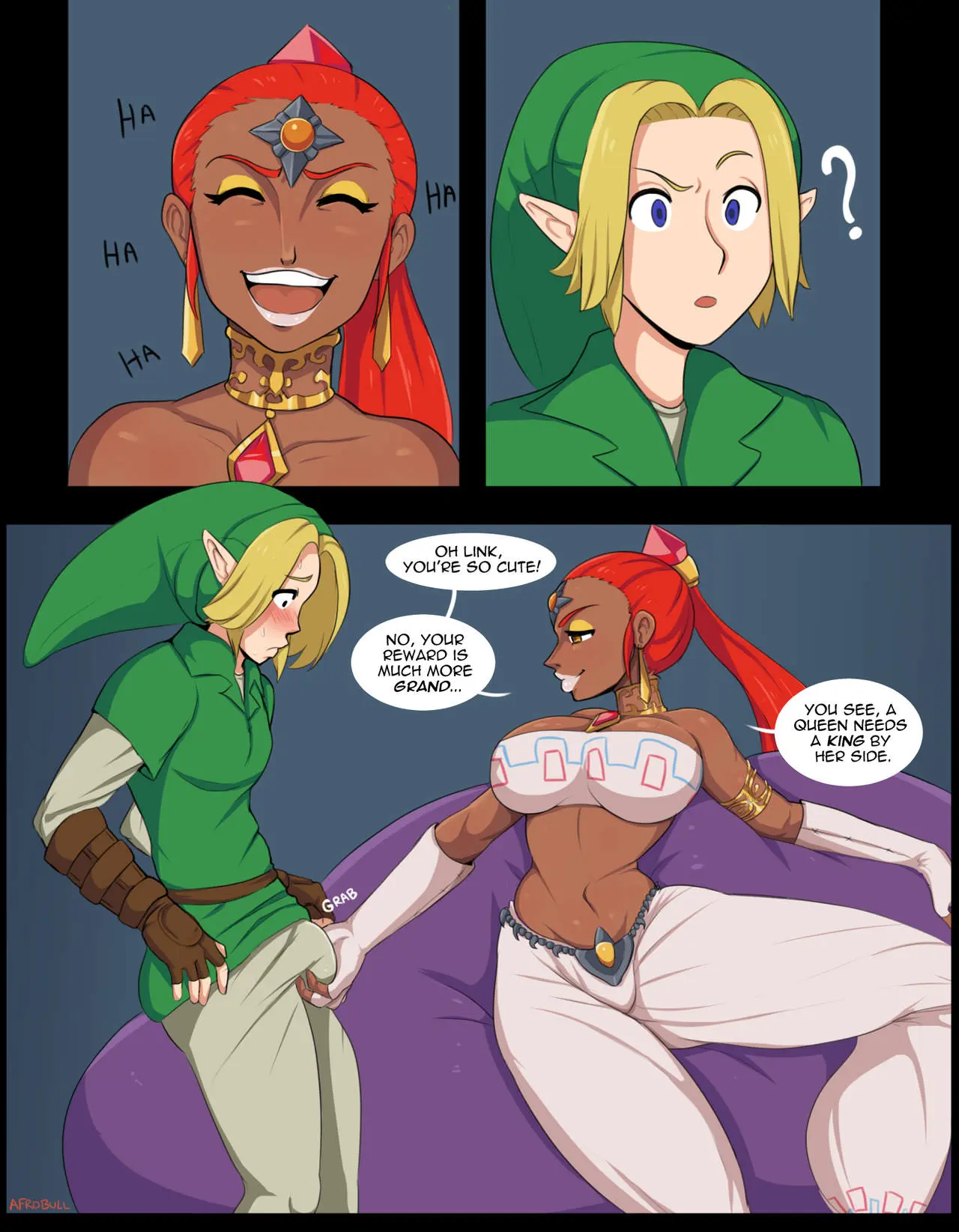 Link and a busty redhead Gerudo Queen in an interracial bwc impregnation doujinshi.