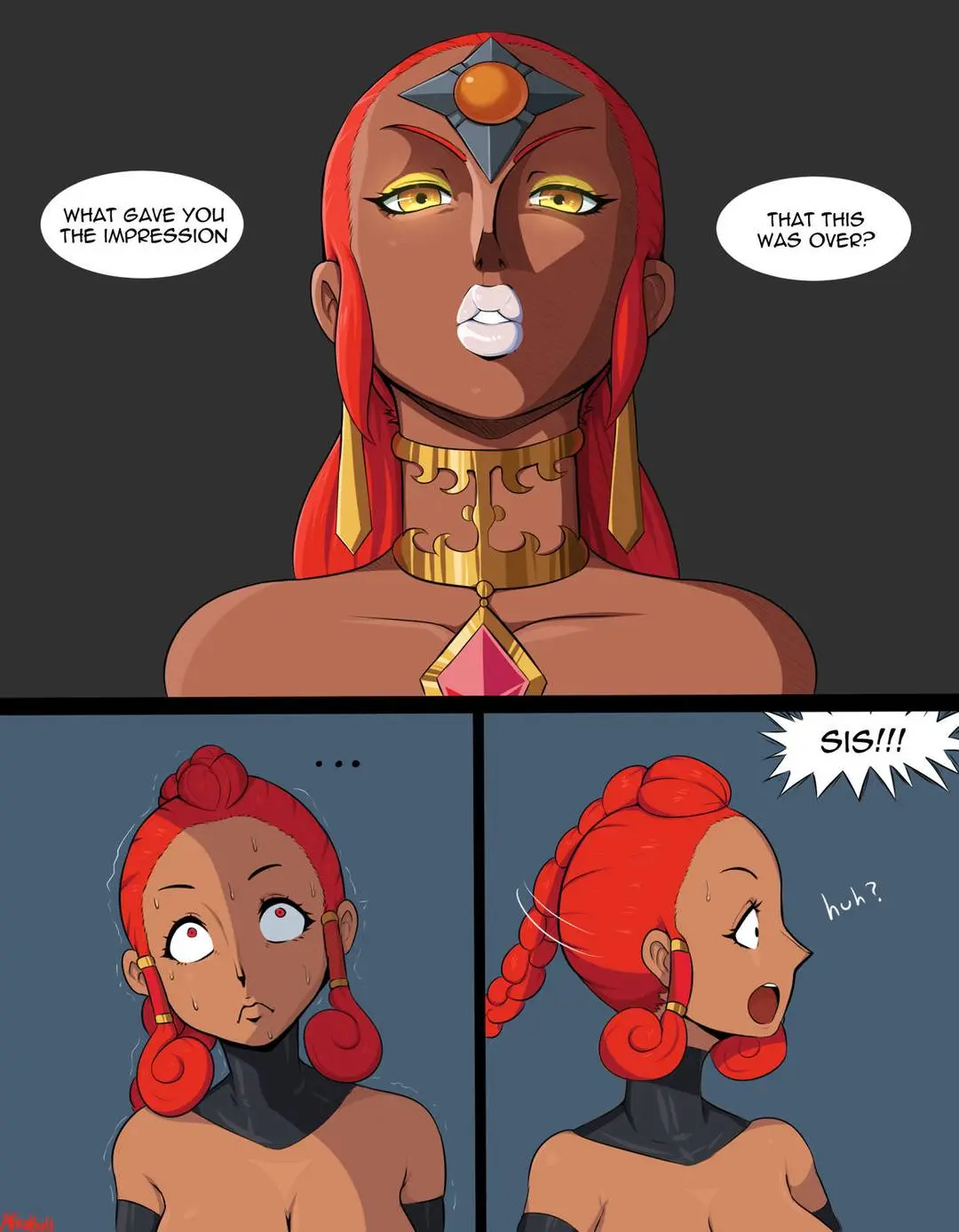 Link and a busty redhead Gerudo Queen in an interracial bwc impregnation doujinshi.