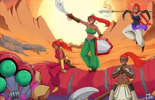 Link and a busty redhead Gerudo Queen in an interracial bwc impregnation doujinshi.