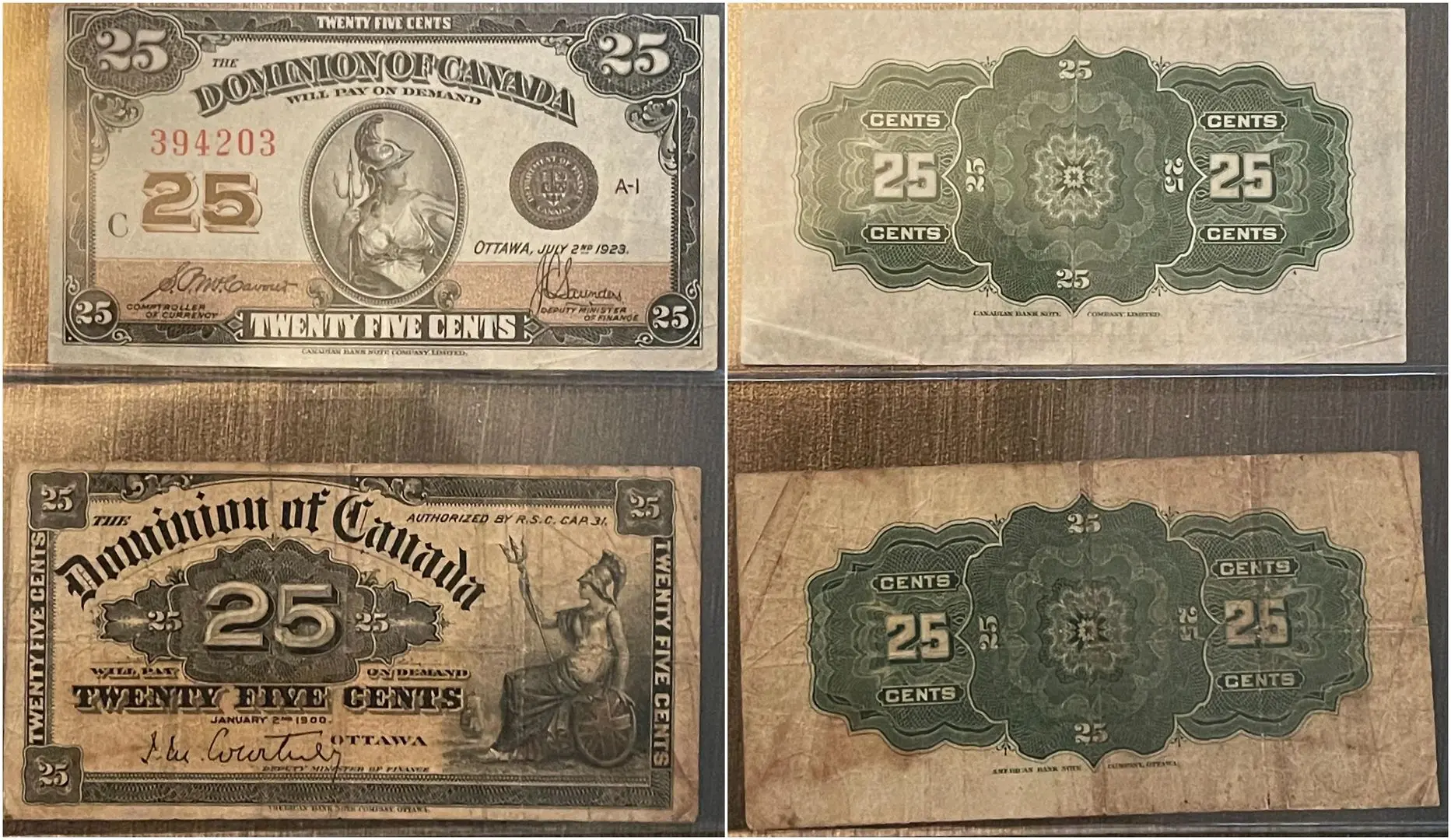 Notes 1900s A 1900 and 1923 $0.25 fractional bank note from the Dominion of Canada ...