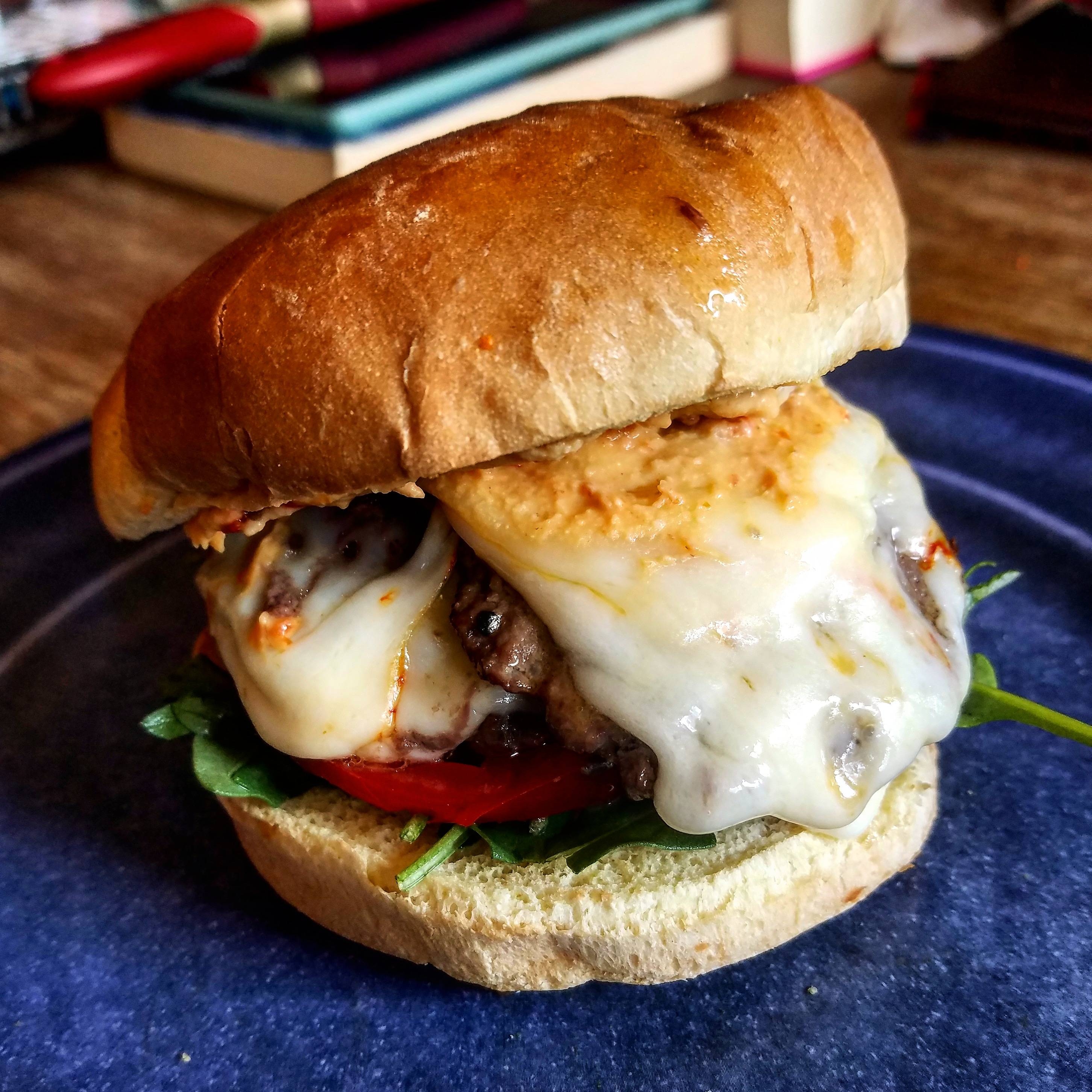 Air fryer burger. Top to bottom lightly toasted bun, roasted red