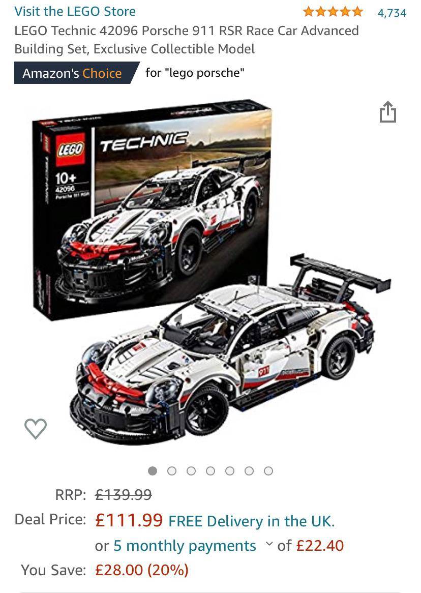 Amazon UK - LEGO Technic 42096 Porsche 911 RSR - Now £111.99 - Usually ...