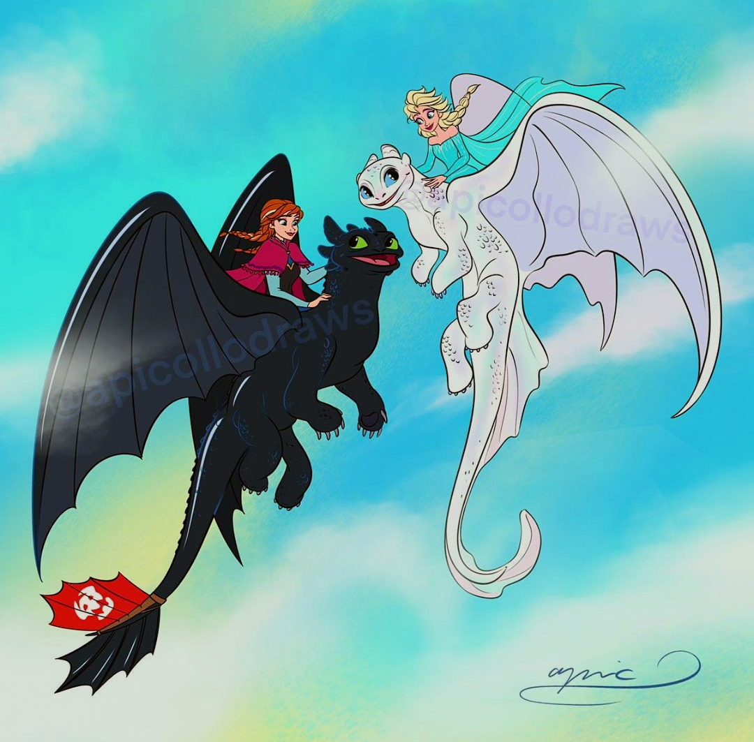 Anna and Elsa riding Toothless and The Light Fury from 