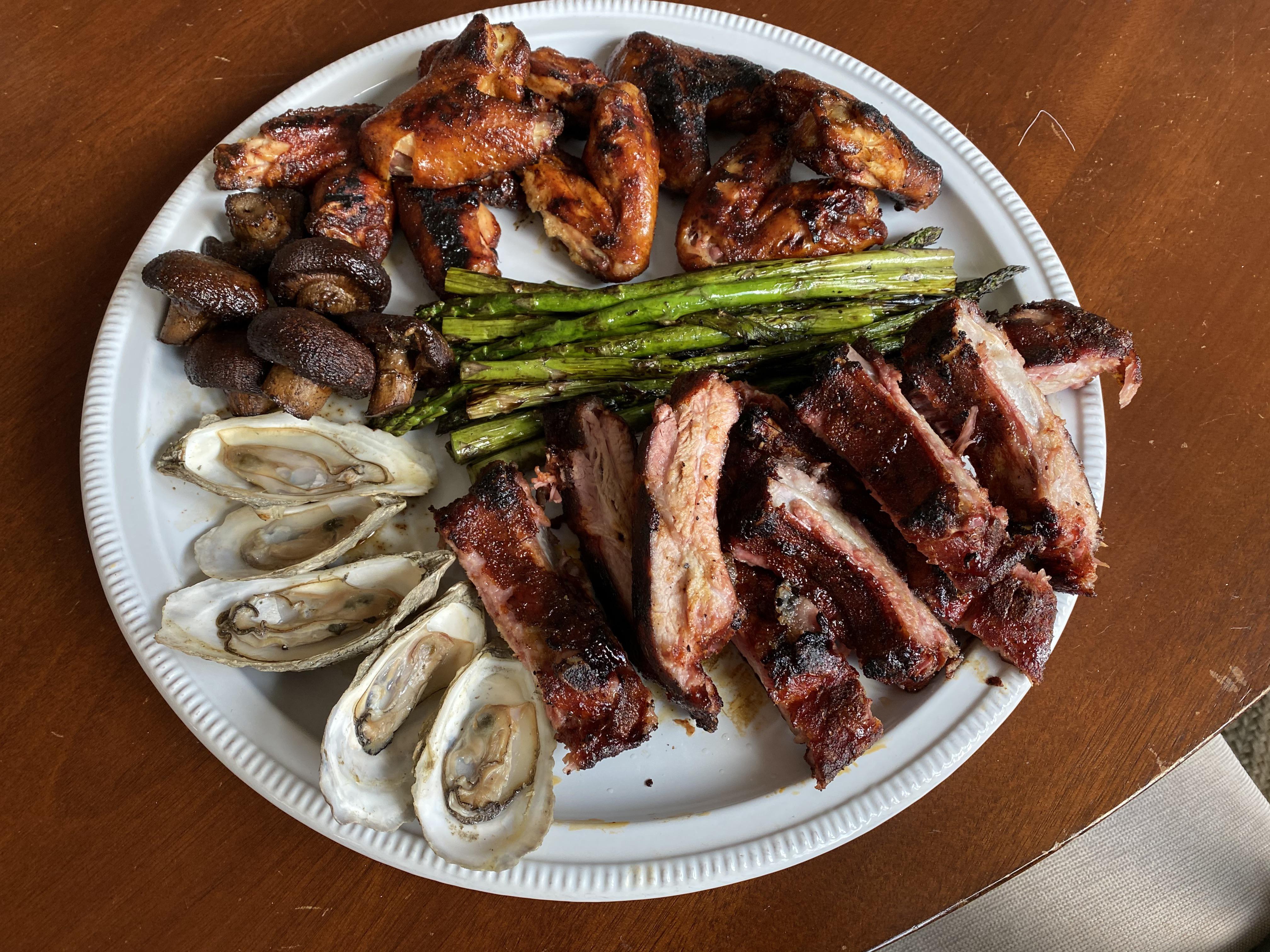 Baby back ribs, baby portabella mushrooms, chicken wings all smoked