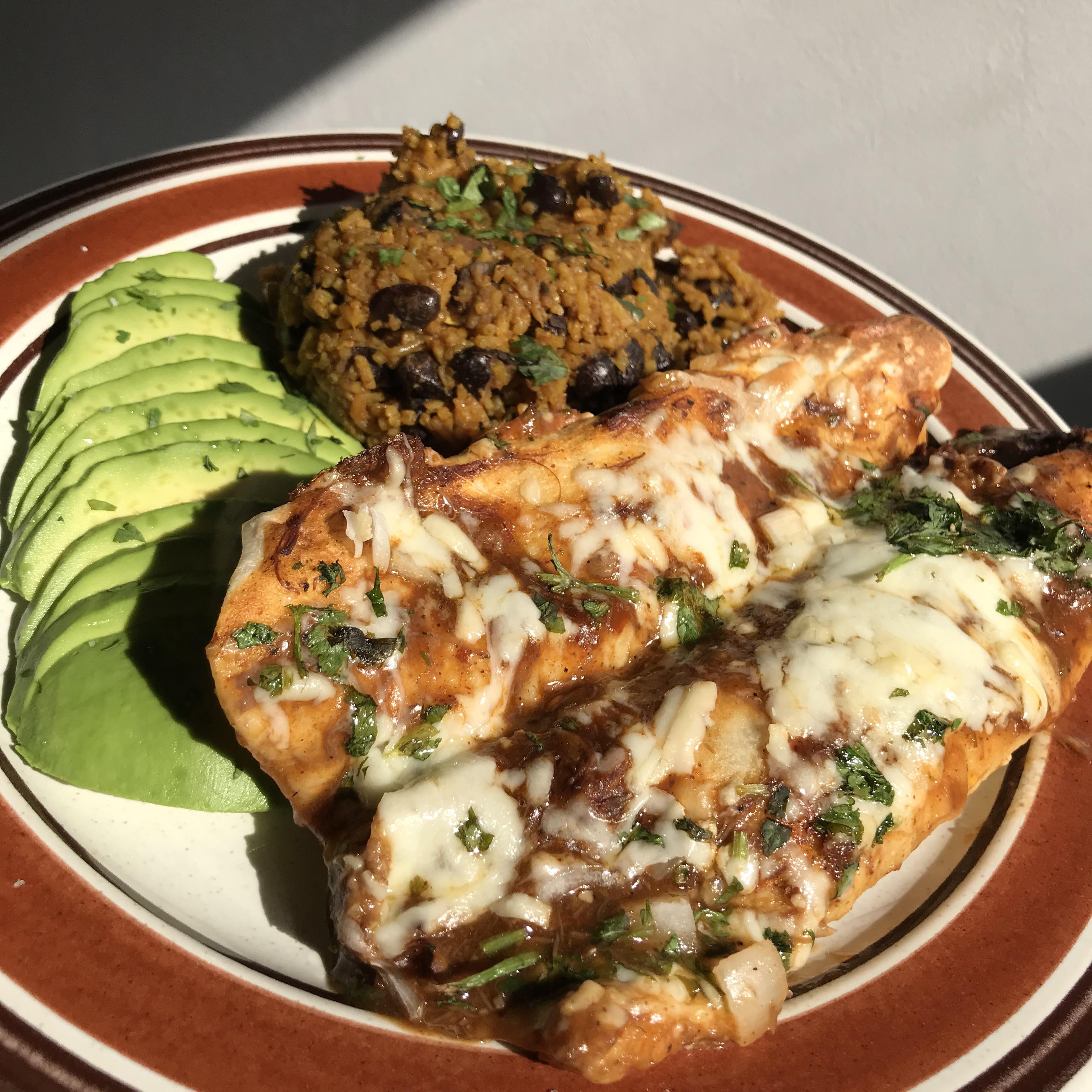 Birria de Res Enchiladas, with quick rice & beans and a little avocado