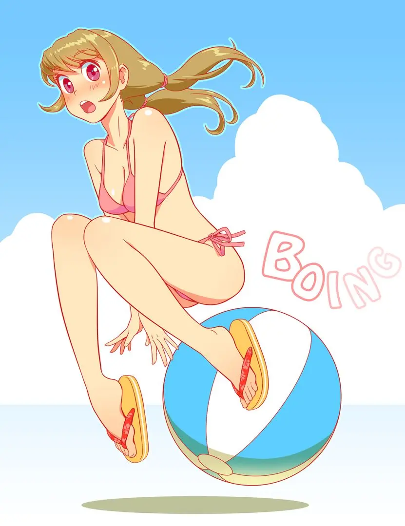 Anime girl with blonde hair in a pink bikini bouncing on a blue and white beach ball at the beach