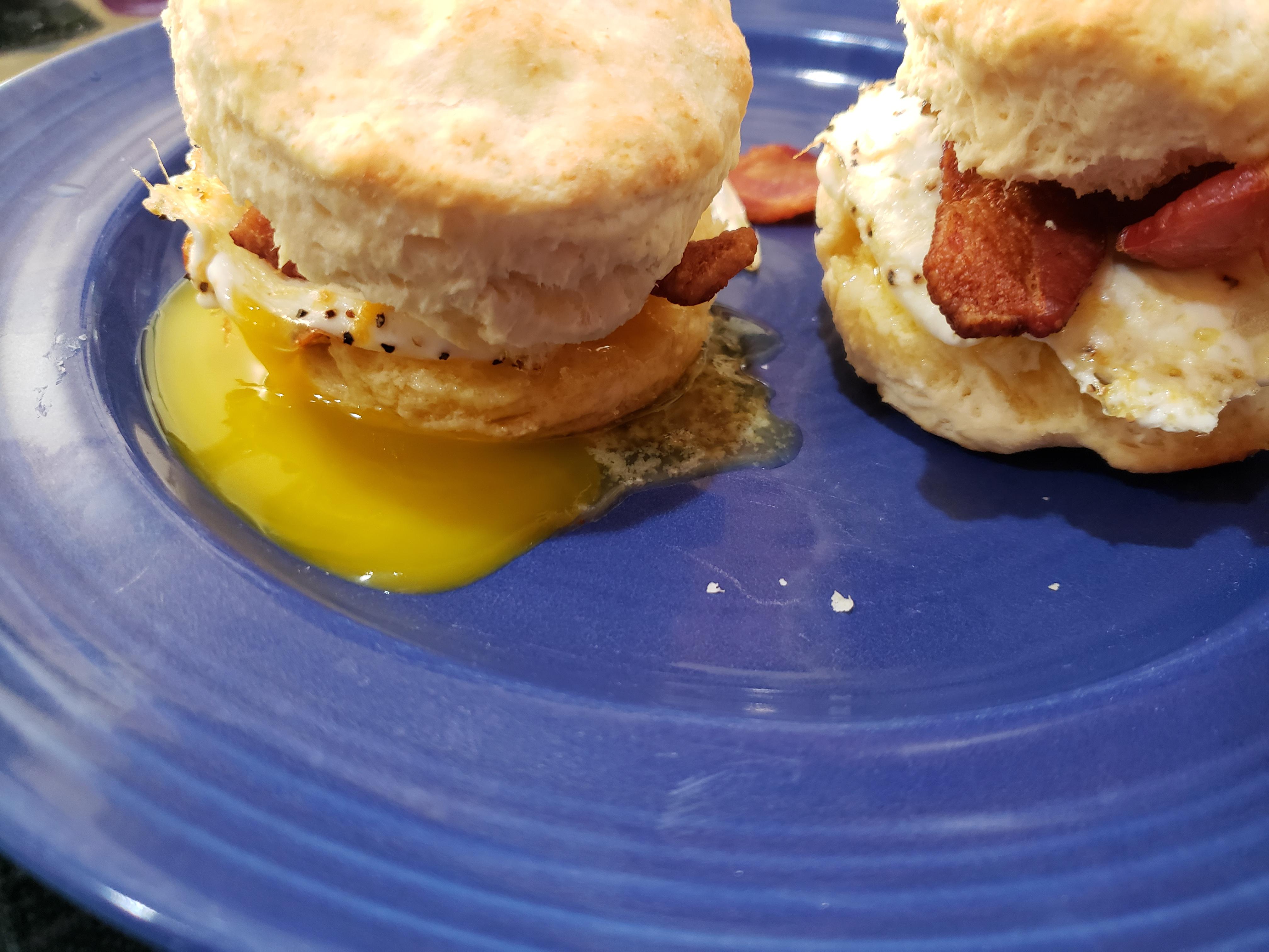 Breakfast ~ Homemade biscuits, egg, gouda, bacon and peach/habernaro