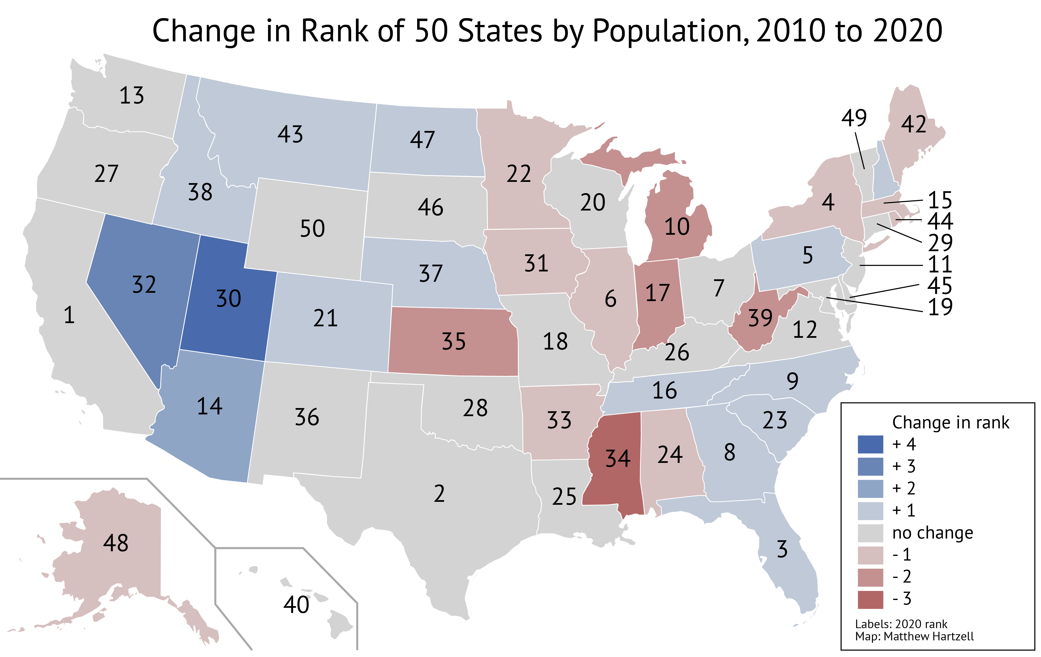 Change in Rank of 50 States by Population, 2010 to 2020 [OC] | Scrolller