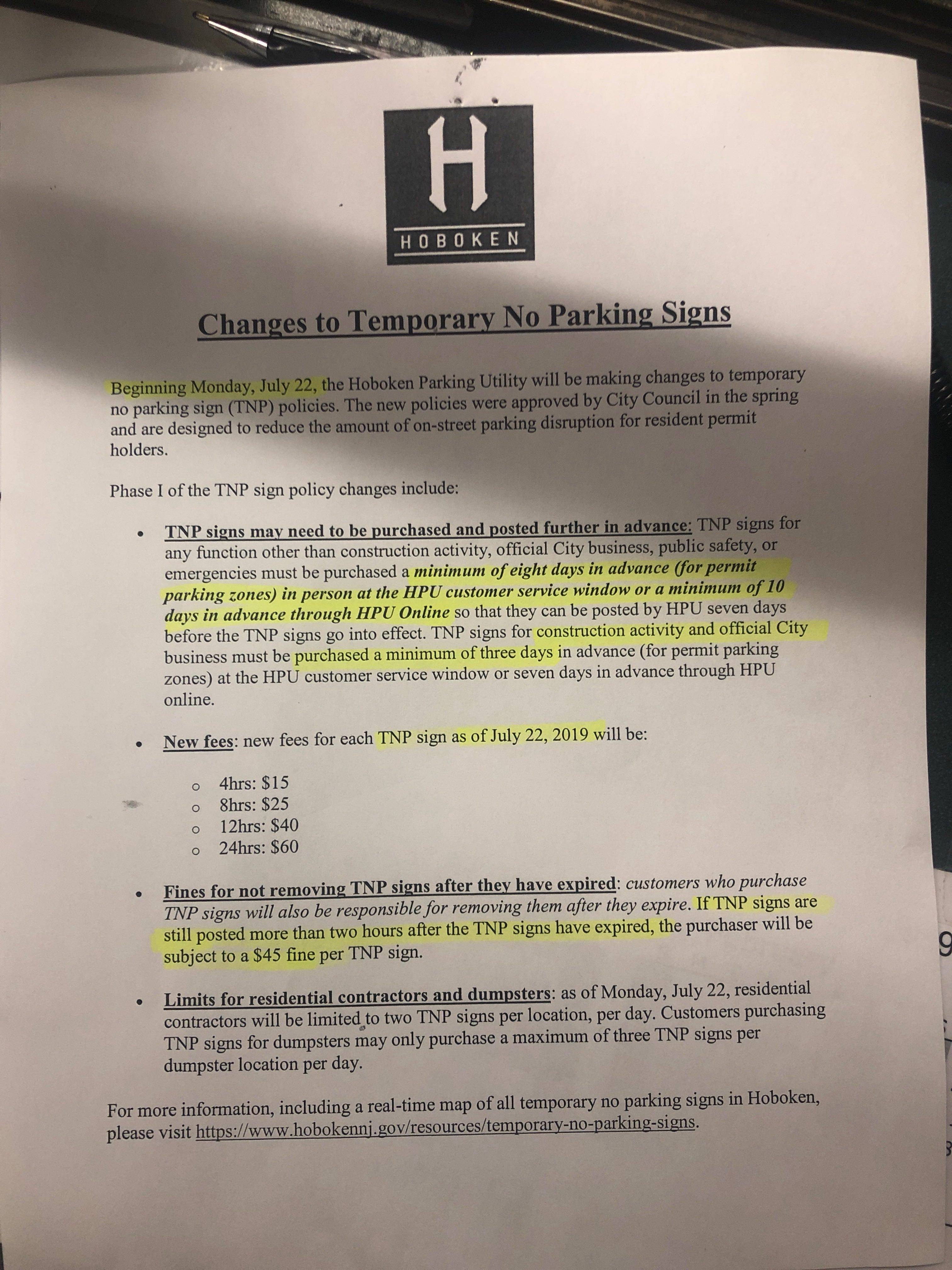 Changes to Hoboken temporary no parking signs. Scrolller