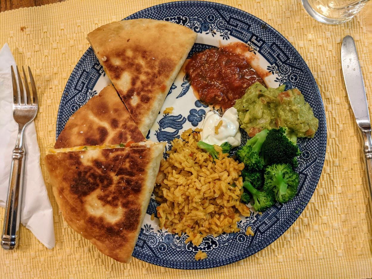 Chicken quesadillas, with Monterey Jack, Cheddar, and red/green bell