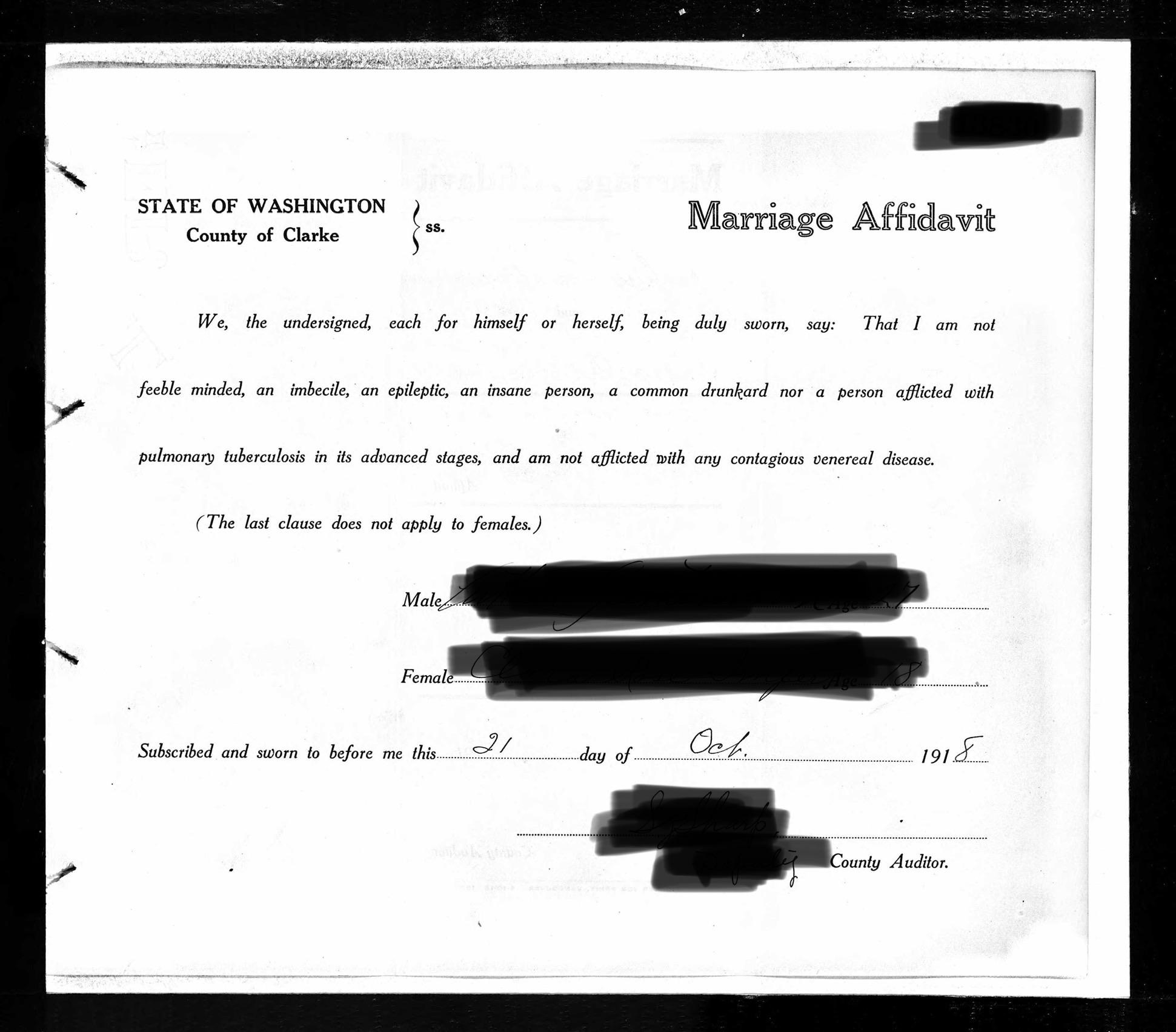 Clark County marriage certificate from 1918. Be sure to read it ...