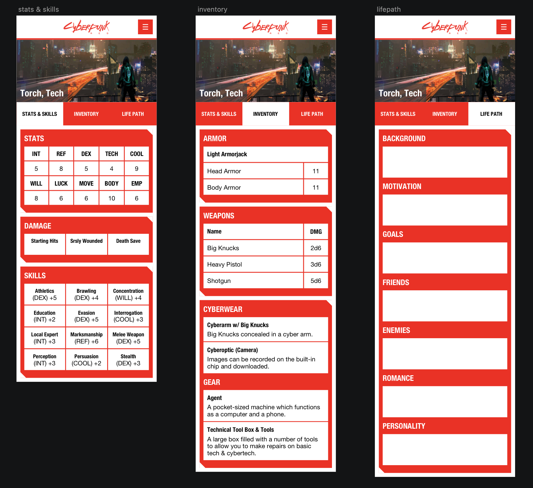 Concept Mockups for Cyberpunk RED Character Sheet App (fan made