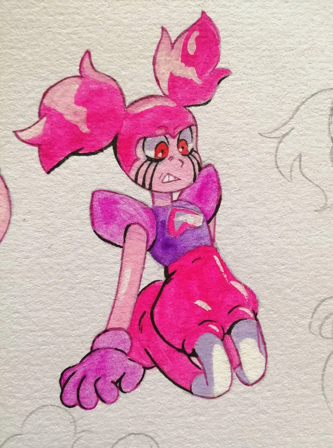 Spinel fan art of a pink humanoid character with pigtails and a confused expression looking down