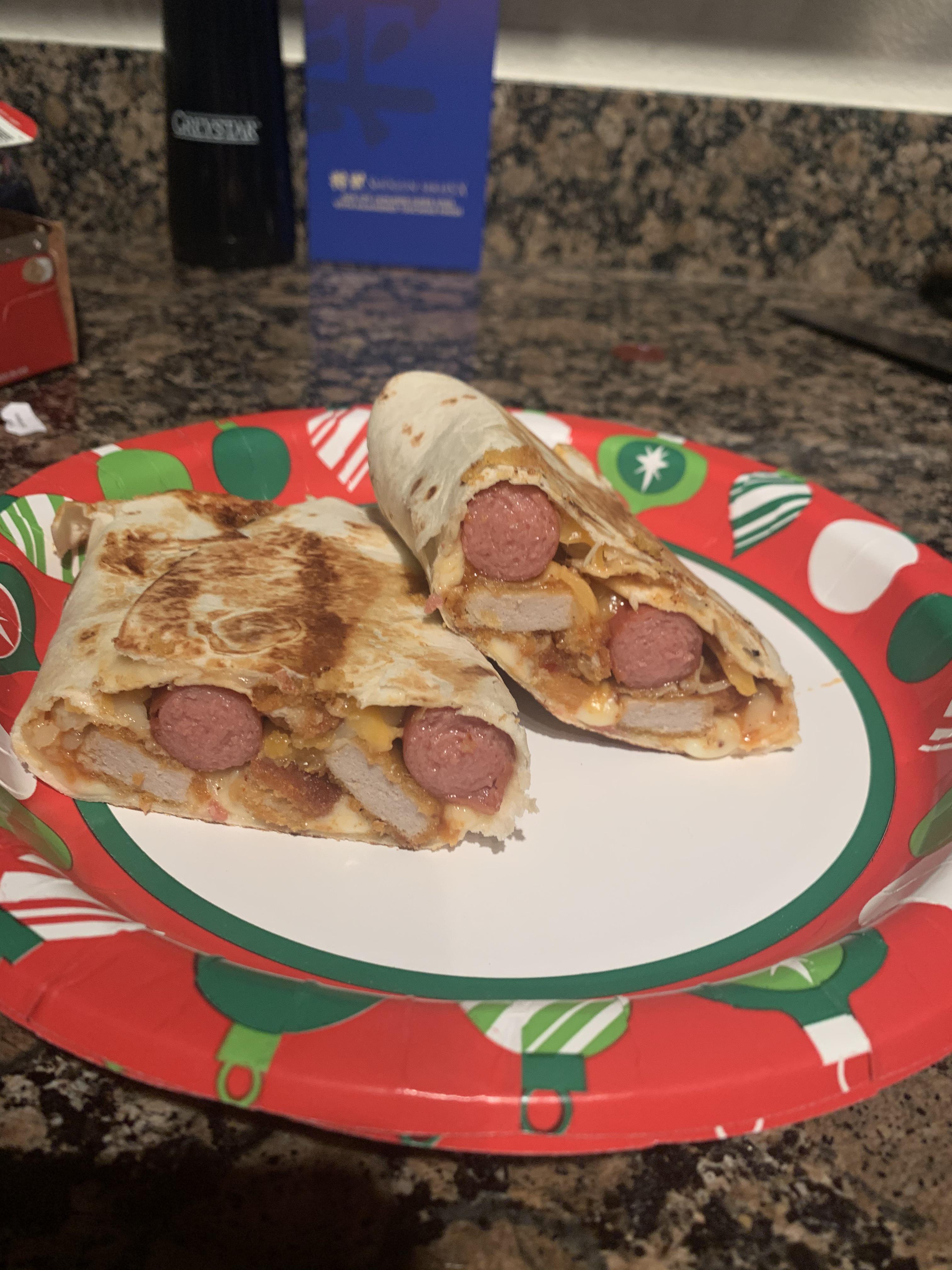 Crispy chicken and hot dog burrito, with bbq sauce, Louisiana hot sauce