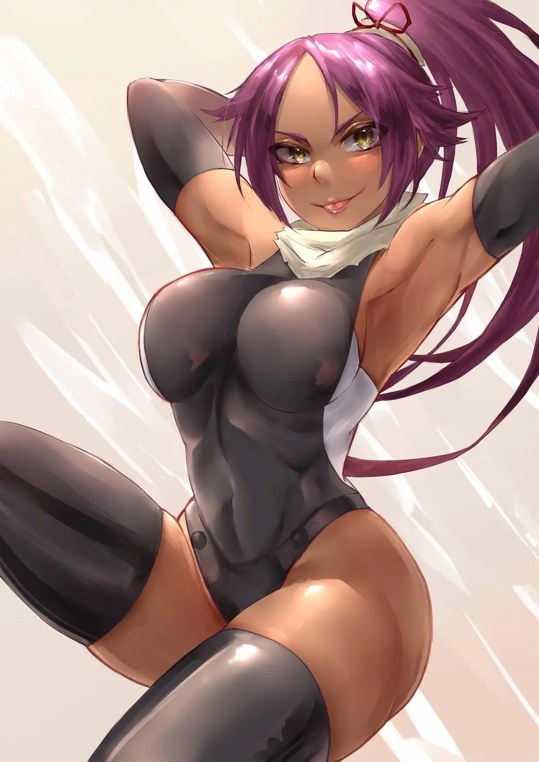 Yoruichi in a black sleeveless bodysuit and thigh-high stockings with a long purple ponytail